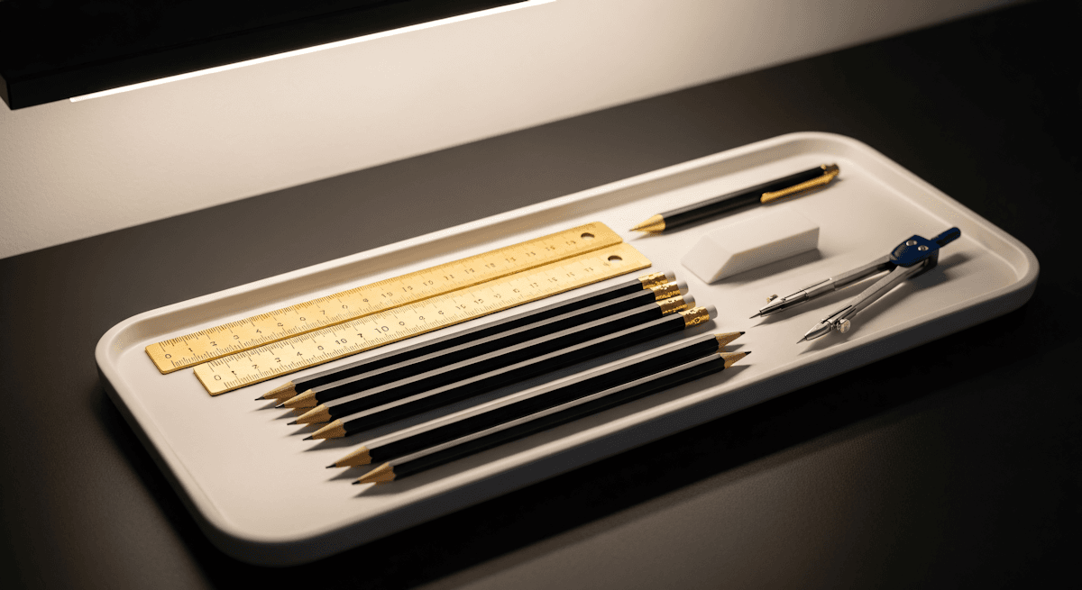 Organized stationery and design tools arranged on a desk