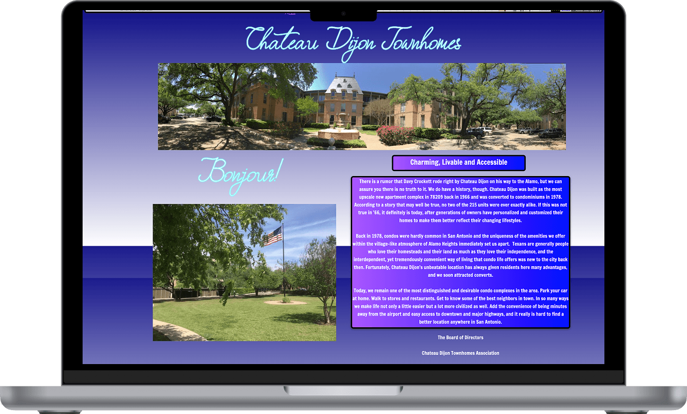Older Chateau Dijon Townhomes website displayed on a laptop.