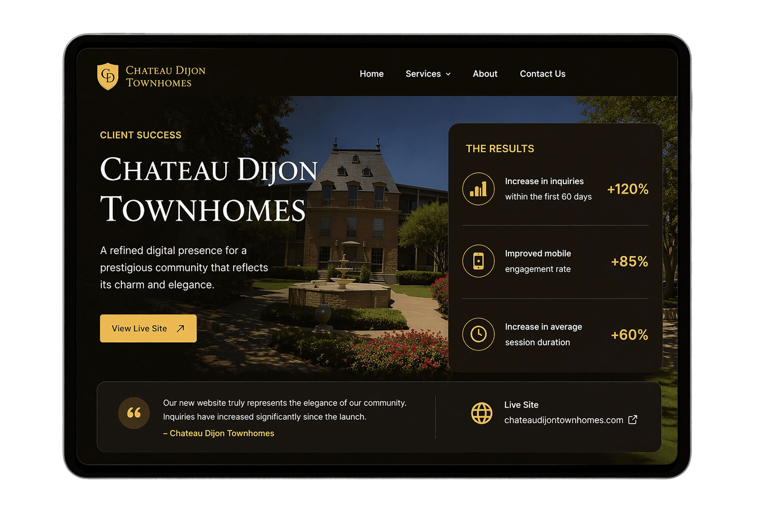 Chateau Dijon Townhomes website shown in a tablet mockup with the redesigned interface.