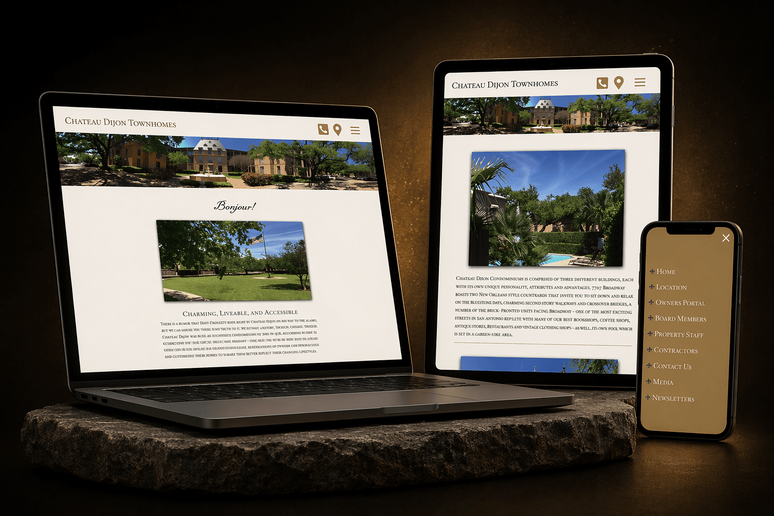 Chateau Dijon Townhomes website shown across laptop, tablet, and mobile devices.